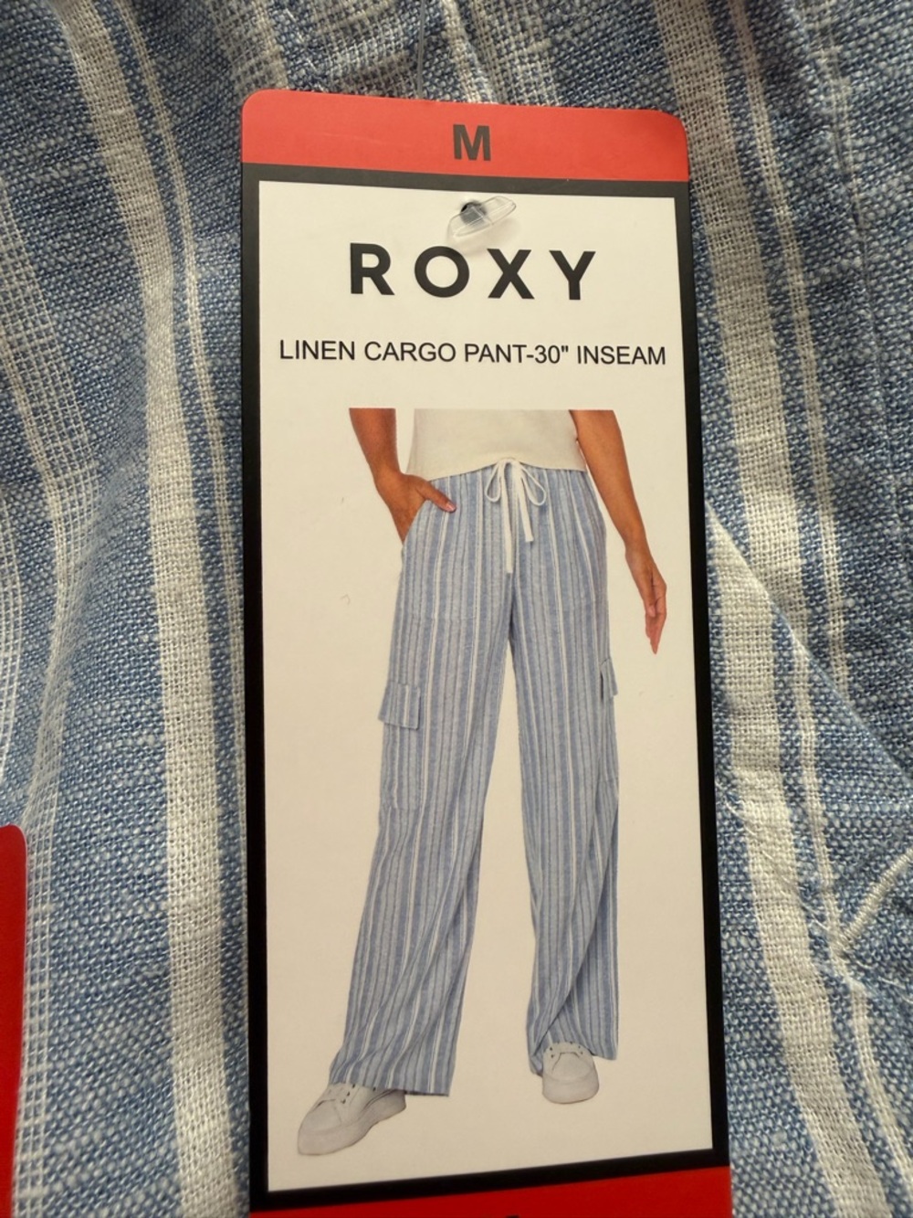 Roxy Blue and White Linen Cargo Pants Wide Leg M NWT